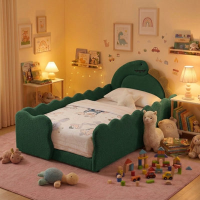 Twin Size Kids Bed Frame with Safety Guardraild, Dinosaur-Shaped Toddler Bed Frame for Children for Bedroom, Boucle Fabric, Green