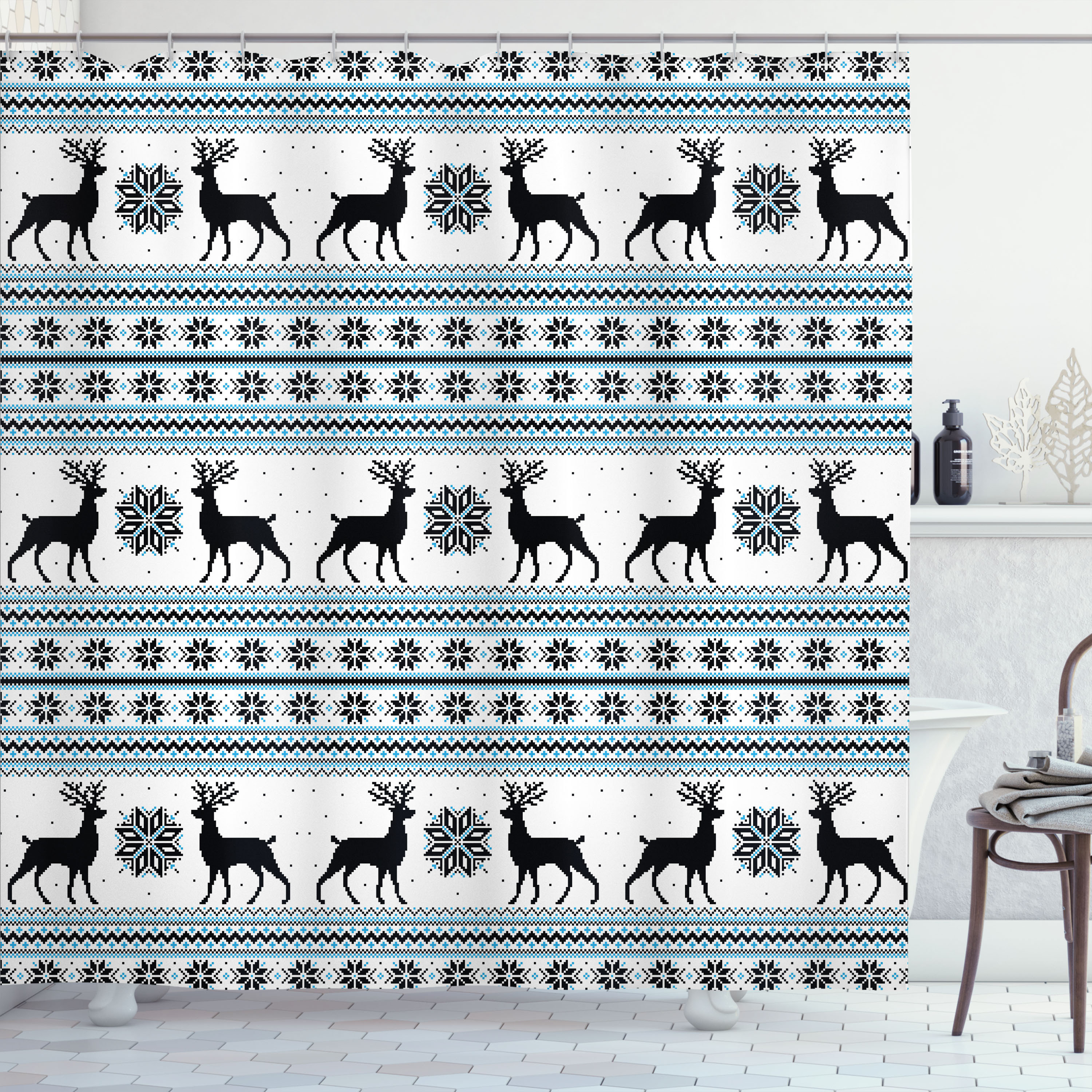 Ambesonne Nordic Shower Curtain Zigzag Reindeer and Snow Black White