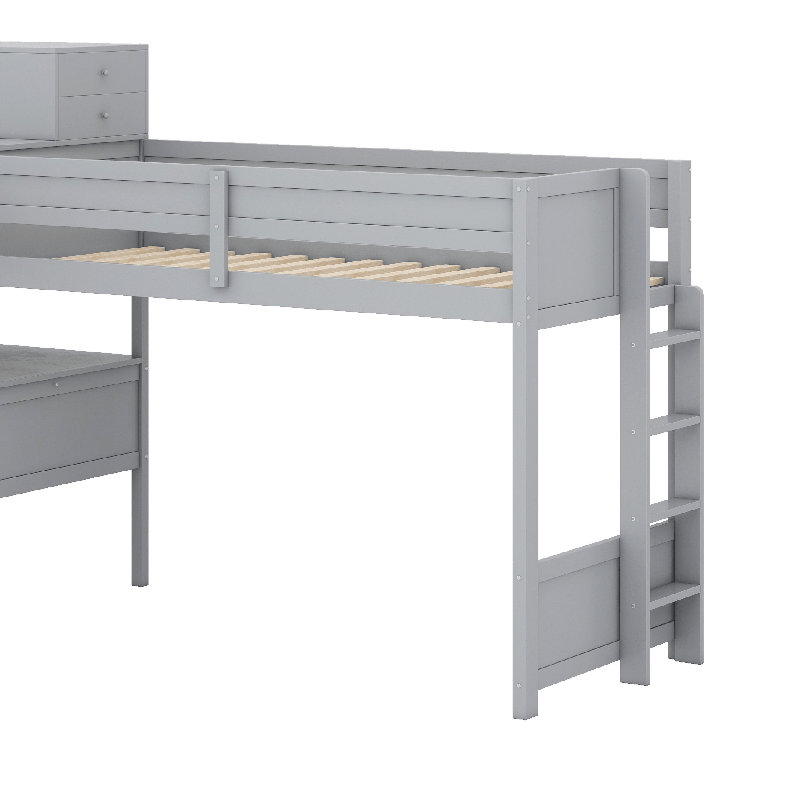 Lit superposé en L avec tiroirs, lit superposé en bois avec bureau et station de charge, lit superposé avec garde-corps et 2 échelles