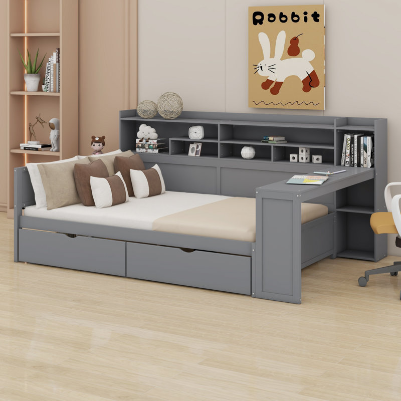 Lit de jour avec tablettes de rangement, lit multifonctionnel avec tiroirs de rangement et bureau d'étude