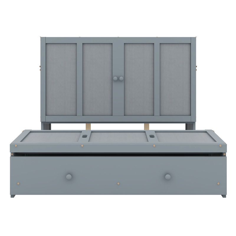 Lit escamotable avec port USB et grand tiroir, Gris, Grand lit