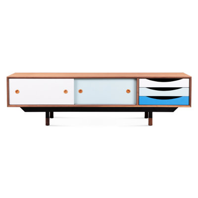 - Base de meuble télé rétro bleu 1955 avec placage en noyer naturel, pieds en acier inoxydable noir, pieds en bois massif, tiroirs laqués pour le salon principal inspiré du primaire