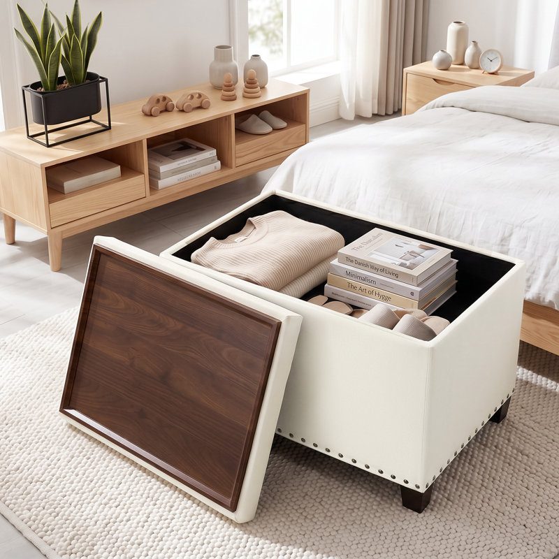 22" Upholstered Storage Ottoman With Reversible Tray Top, Beige  Cotton Blend
