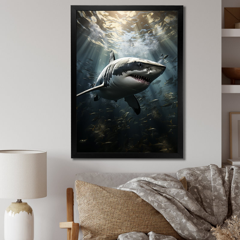 Grand requin gris, la majesté - animaux marins, art mural, Cadre simple noir, H 44 po x l 34 po x P 1,5 po