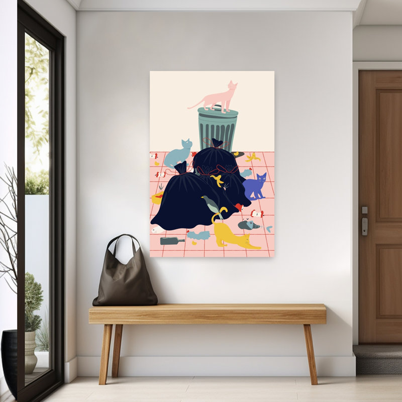 Cats Playful Contemporary Bird Cat Fish City Wall Art Print, 152.4cm H x 101.6cm W