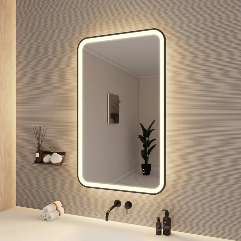 40 Inch Rectangle LED Front and Backlit Wall Mirror in Black, 40" x 24", Black