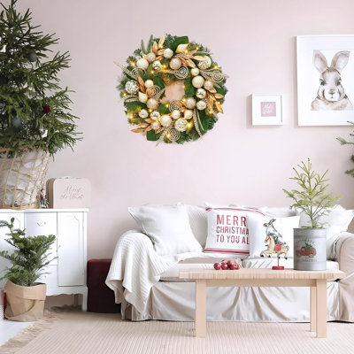 24-in Red Christmas Wreath Pre-Lit with Bows Pine Cones Ball Ornaments for Wall Window Fireplace