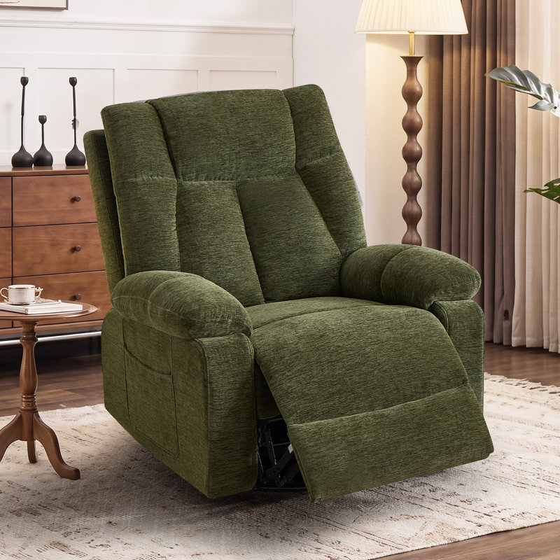 Fauteuil inclinable manuel pivotant en chenille vert olive moderne de 99 cm (39 po) de large, avec massage à 8 points et chauffage lombaire.