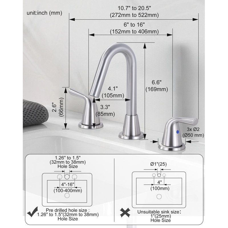 Robinet de salle de bain à 2 poignées avec drain, Nickel brossé
