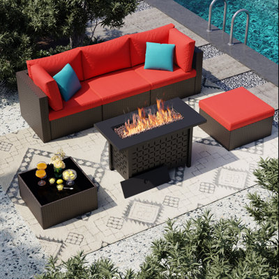  6-Piece Outdoor Rattan Patio Set with Fire Pit Table