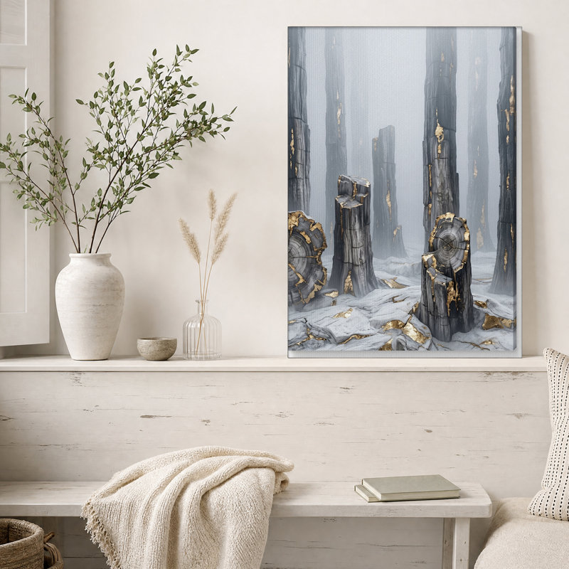 Art mural sur toile, "Troncs d'arbres brûlés avec feuille d'or dans la forêt brumeuse", H 30 po x l 20 po