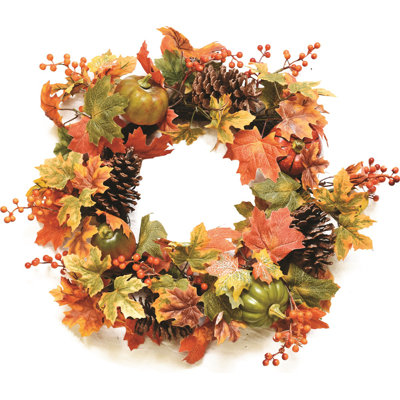 Leaves Pine Cones and Pumpkins Artificial Fall Harvest Wreath - 20-Inch Unlit