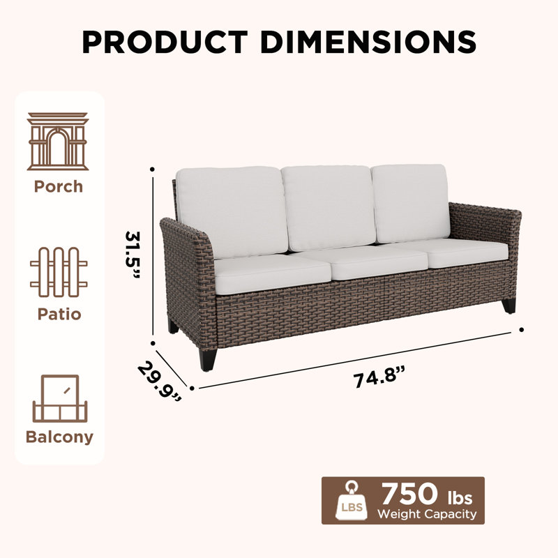 Mix Brown Rattan Wicker Patio Outdoor Spacious 3-Seat Sofa with Curved Armrest, Beige