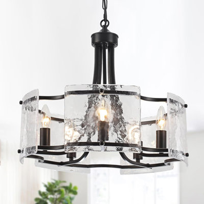 Lustre tambour moderne noir avec verre texturé - luminaire suspendu en cristal 5 lumières pour salle à manger, îlot de cuisine, chambre à coucher, salon ou vestibule - hauteur réglable, certifié UL, à intensité variable