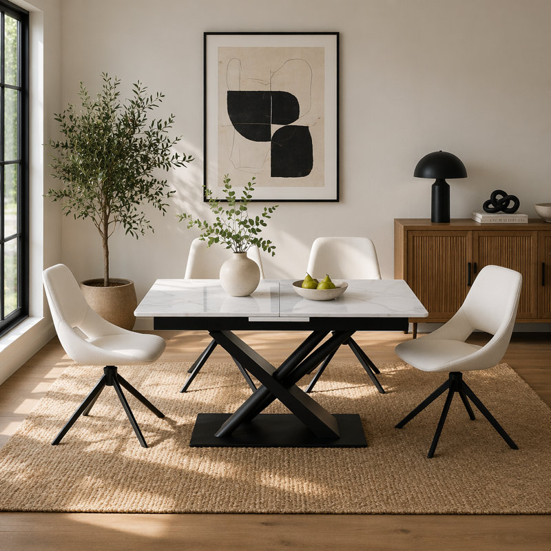 Table de salle à manger extensible moderne, plateau de table en placage de fibres à densité moyenne avec base en métal en forme de X, table de salle à manger de cuisine imperméable et résistante aux égratignures pour les espaces contemporains