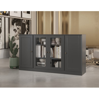 100% Solid Wood 65" Sideboard with Solid, Clear Glass Doors and Adjustable Shelves