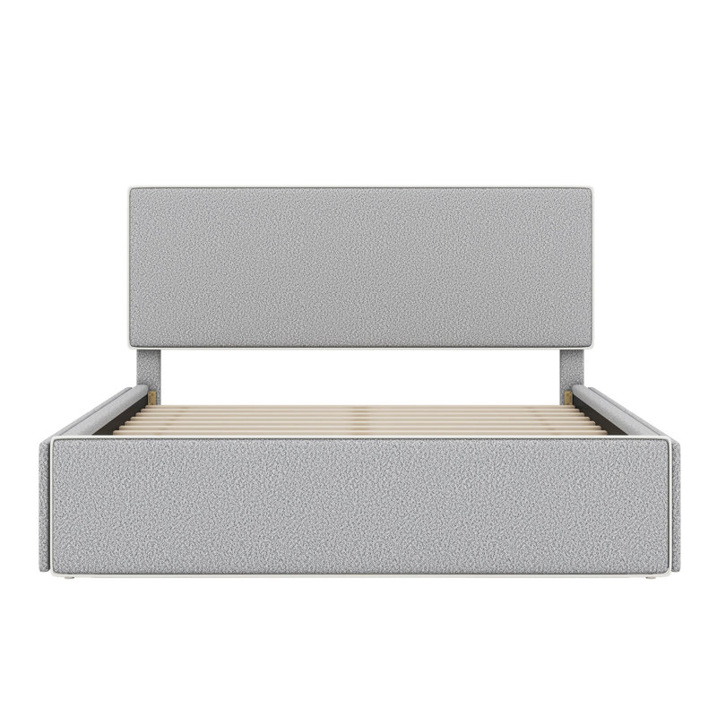 Lit plateforme tapissier double Tomoaki avec 4 tiroirs et un bord sur la tête et le pied de lit, Double, Blanc