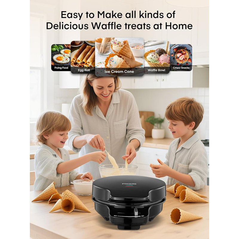 FOHERE Waffle Cone Maker Machine Ice Cream Bowl Maker With Browning Control, Nonstick, 7.5” Thin Waffle For Home Kitchen, Cone Roller
