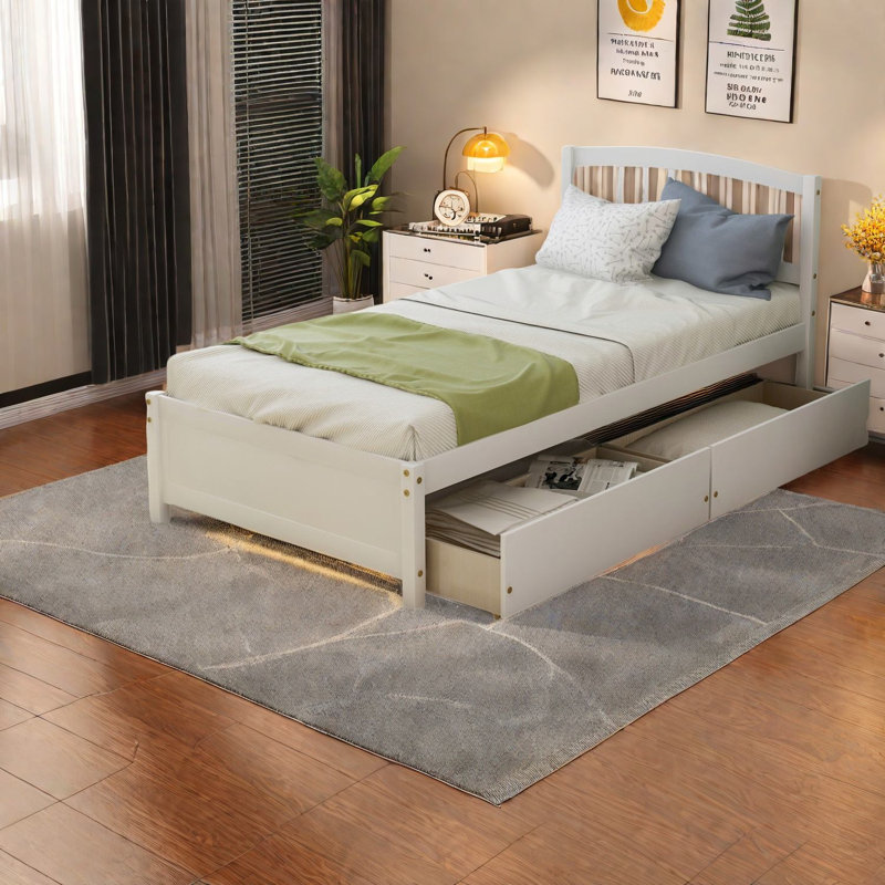 Lit simple moderne peu encombrant avec rangement, structure en bois massif pour la maison