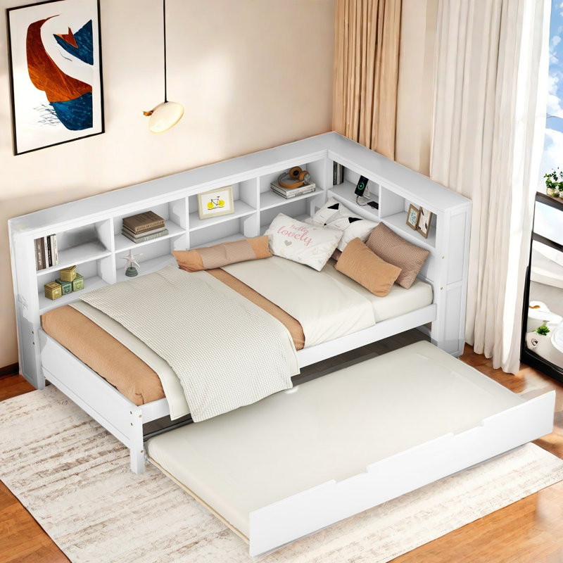 Lit de jour avec couchette Nelse, tablette de rangement et USB, Simple, Blanc