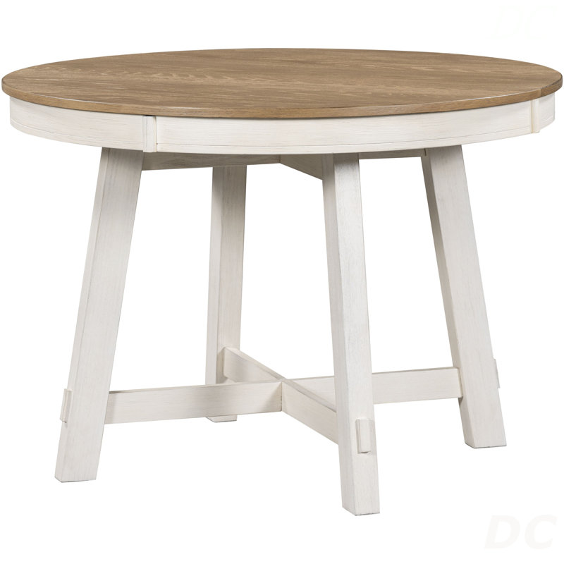 Table de salle à manger à rallonge Farmhouse, Bois de chêne naturel, Blanc antique
