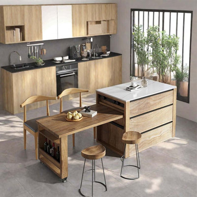 Solid wood rock slab island dining tableretractabl