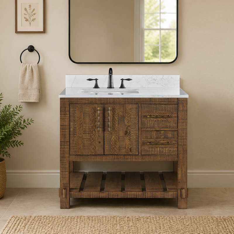 Meuble-lavabo 36 po avec lavabo Farmhouse, bois massif, 2 tiroirs, 2 portes à fermeture en douceur, tablette de rangement ouverte, comptoir et dosseret en marbre 0,79 po, brun rustique
