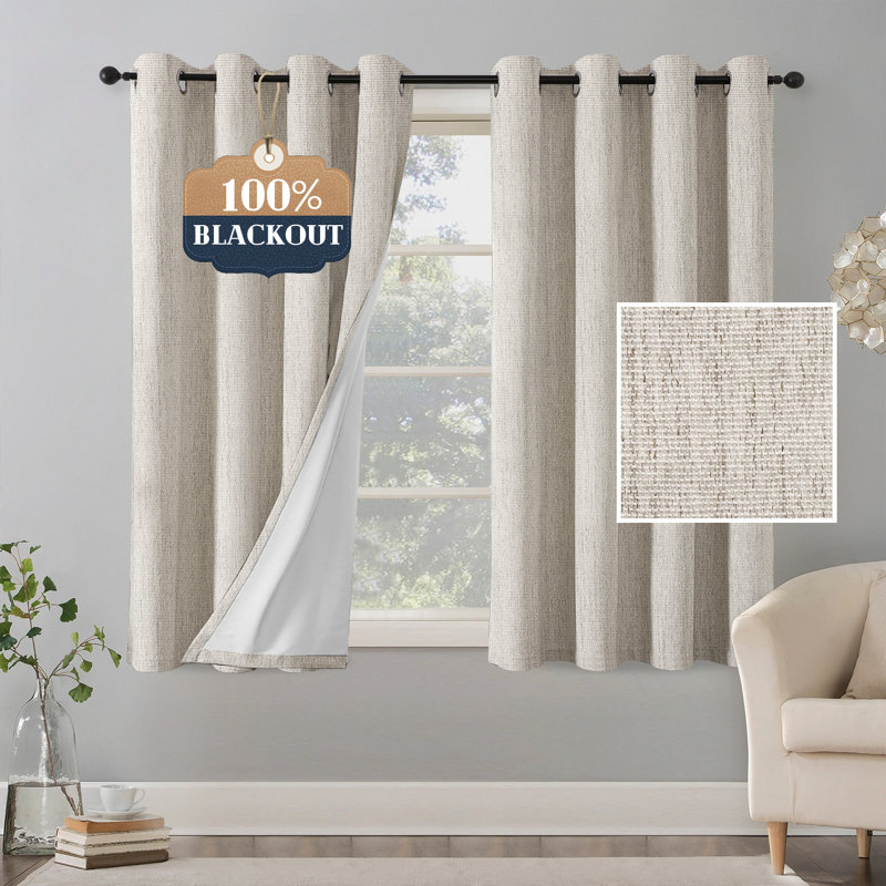 Chenille Linen Blackout Curtain 2 Panels Thermal Insulated Textured Soft Linen Look Curtains Anti-Rust Grommet Window Drapes