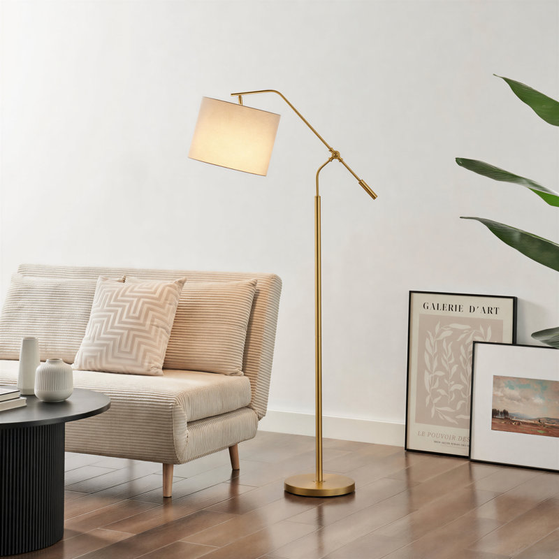 Claudie Sculptural Overhang Arm Standing Floor Lamp With Shade - Industrial Elegant Design, Brass