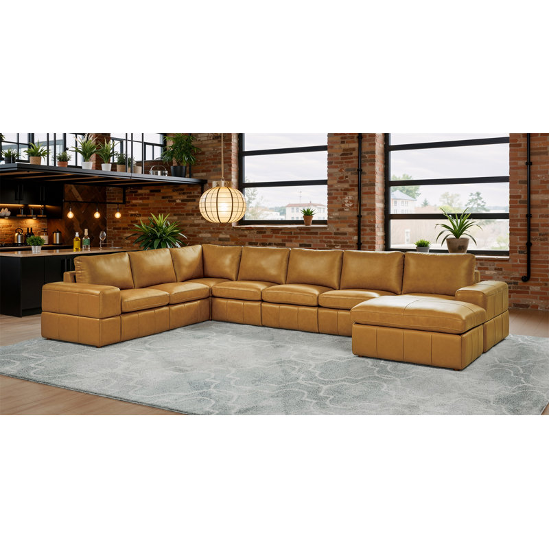 Canapé modulaire à large accoudoirs en cuir assorti, Ginger