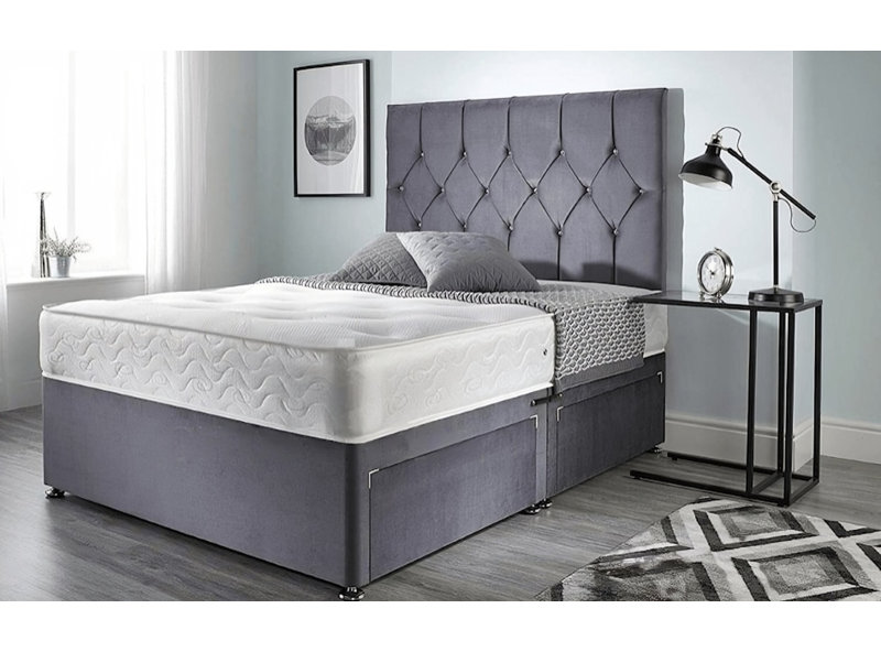 4FT6 Double Grey Plush Divan Bed With 20'' Headboard & 10'' Spring Mattress & 2 Drawers Congdon