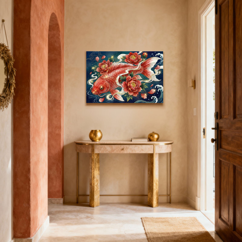 «Koi Fish and Peony Flowers», reproduction d'art sur toile tendue sur toile, ensemble de 1