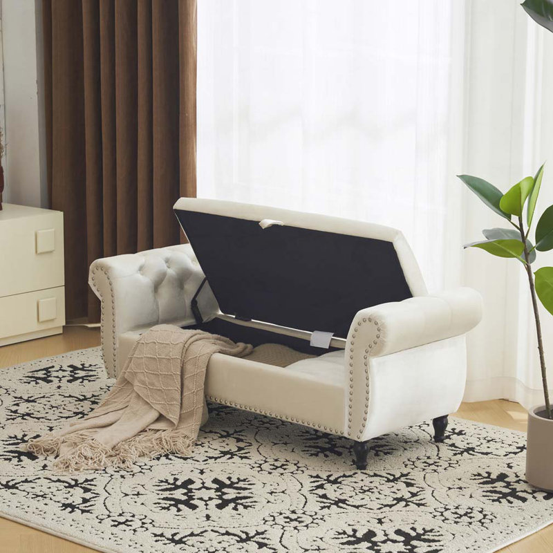 Banc de rangement en velours avec accoudoirs, Beige