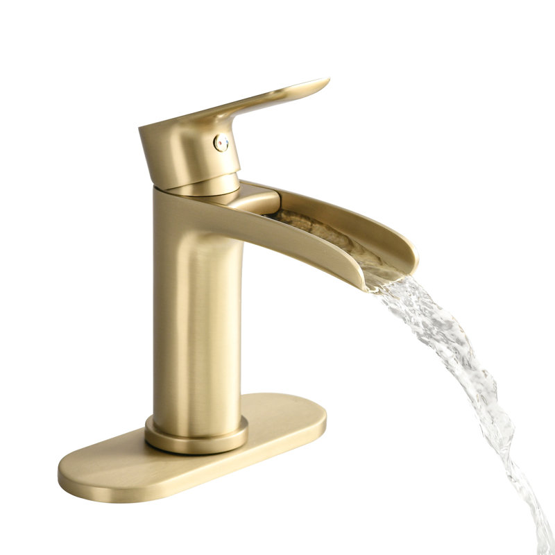 Robinet de lavabo de salle de bain or brossé - Cascade à poignée simple avec plaque de pont et drain de trop-plein, Or brossé