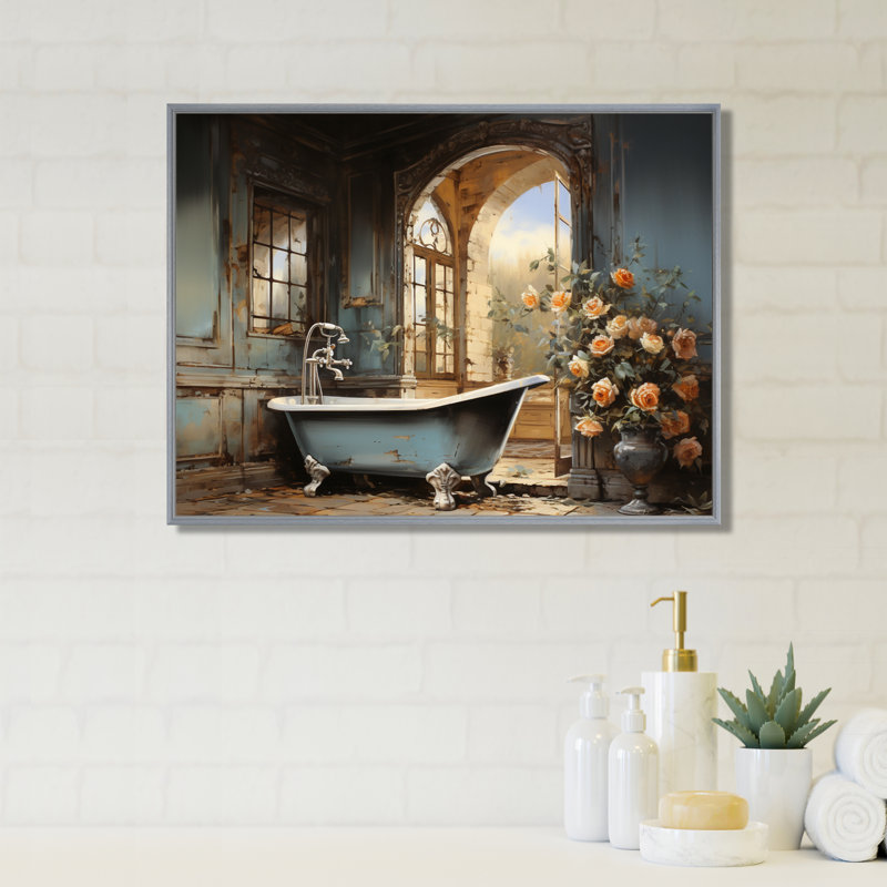 «Bathroom Vintage Elegance II», impressions sur toile de salle de bain, H 34 po x l 44 po x P 1,5 po, Encadrement argenté