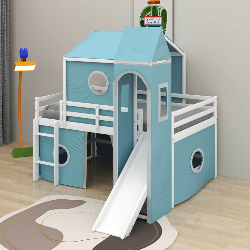 Lit mezzanine double avec tour, Bleu