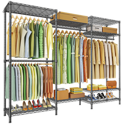 E13 Heavy Duty Clothes Rack（With 4 Hanger Rods & 8 Shelves） Freestanding Clothing Racks for Hanging Clothes，Adjustable Closet Organizer，Metal Garment Rack 63" W x16 D x77 H，Max Load 900LBS，Grey
