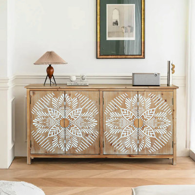 Armoire d'appoint en bois 60 po avec 4 portes, brun et blanc pour la chambre à coucher, serviettes de table spacieuses pour l'intérieur
