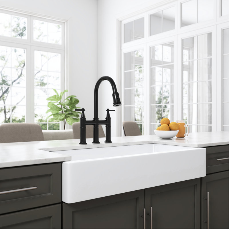 Matte Black Kitchen Pull-Down Faucet - Dual Handle Switch For Accurate Flow Control, 360-Degree Rotatable Nozzle, Quality Brass Build Bridge Style With Spray Fine And Temperature Regulation, Solid