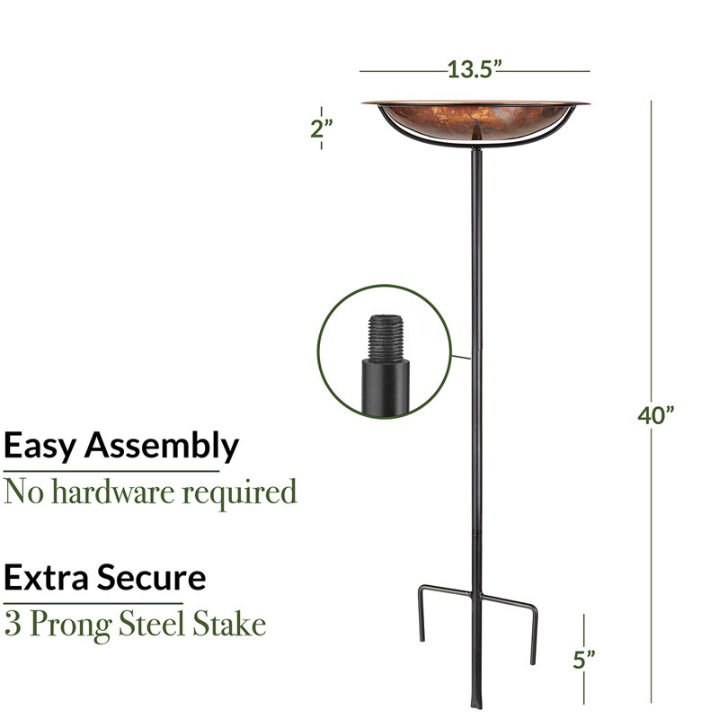 Hand-Applied Fired Copper Bird Bath with Garden Pole