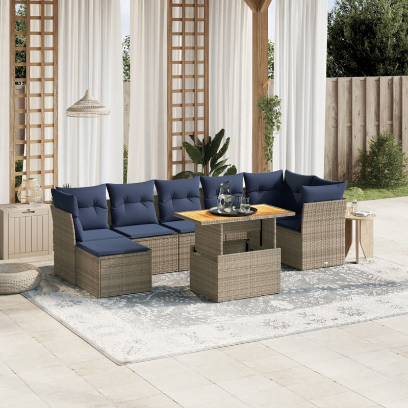  Ensemble de canapé de patio 8 pièces avec coussins en rotin de polyester, Gris, Bleu