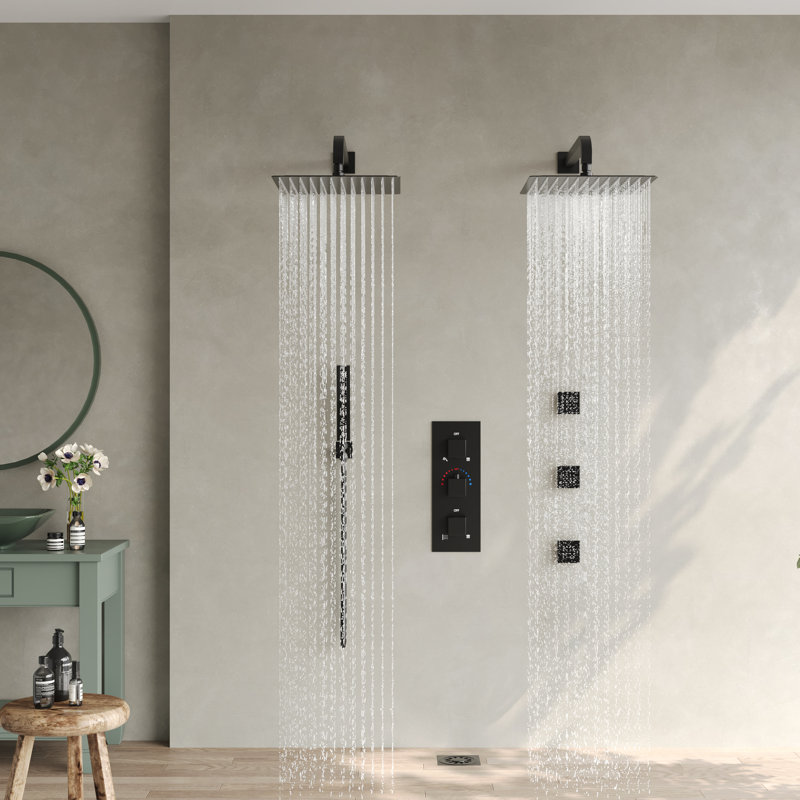 Douchette de pluie 12 po thermostatique murale avec douche à main et jets corporels, Noir mat