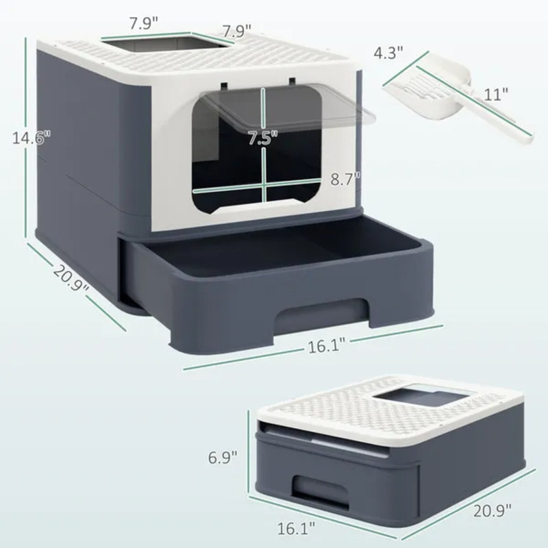 White Covered Cat Litter Box, Front Entry & Top Exit with Scoop for Large Cats