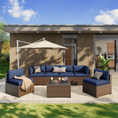 7 Pieces Outdoor Patio Furniture Set, With Cushions And Glass Coffee Table, Pe Rattan Outdoor Wicker Sectional Furniture Sofa Set, For Outside, Garden by Ebern Designs