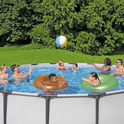 18 Foot x 48 Inch Round Metal Frame Above Ground Outdoor Swimming Pool Set with 1,000 Filter Pump, Ladder, and Cover -  Silodo, GFNA-YC