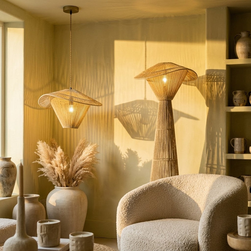 Eira 60" 1-light Modern Coastal Boho Floor Lamp With Handwoven Rattan Hat Shade