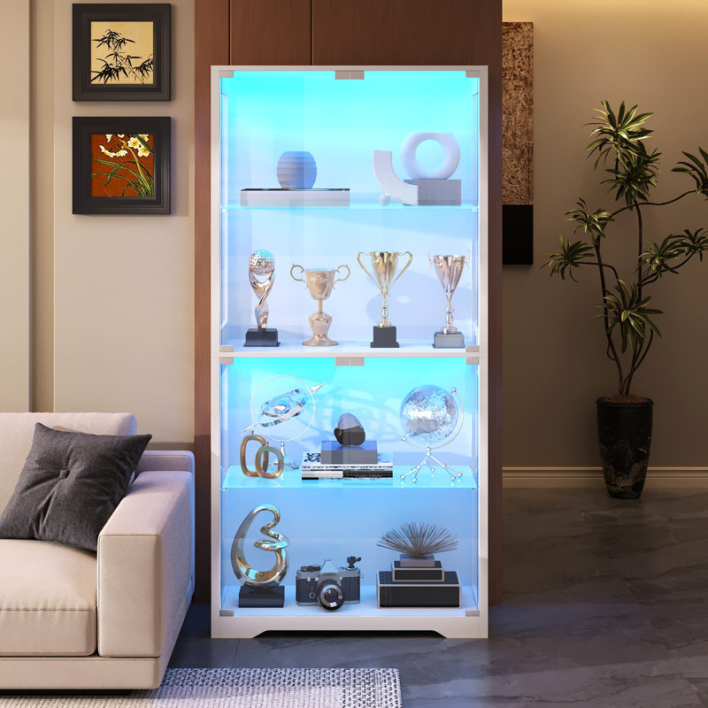 Vitrine à 4 niveaux en verre moderne avec portes à loquet magnétique, vitrine minimaliste de 65 po de hauteur pour les objets de collection, les livres et le rangement des trophées, pour le salon, la chambre à coucher et le bureau