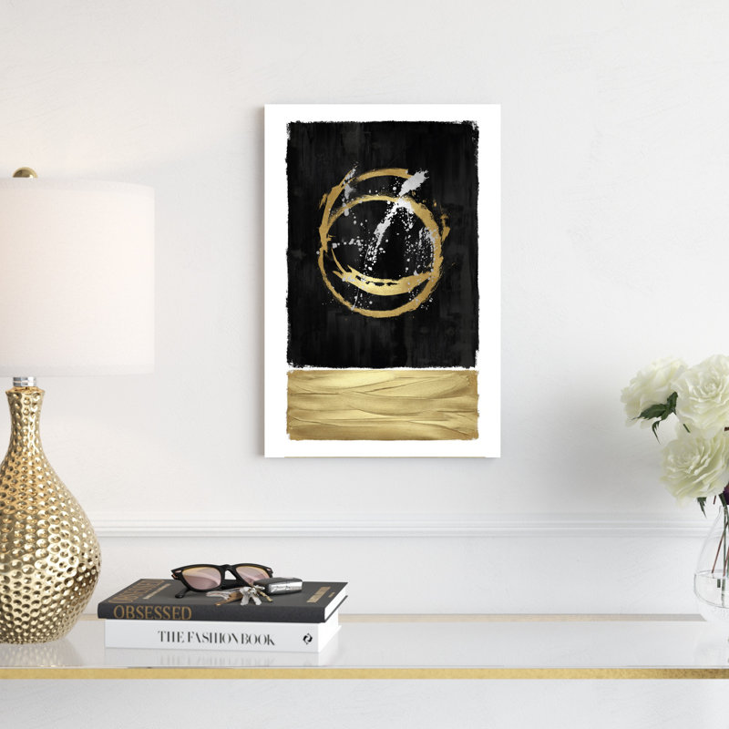 «Black and Gold Circle Abstract», reproduction d'art sur toile tendue, H 18 po x l 12 po