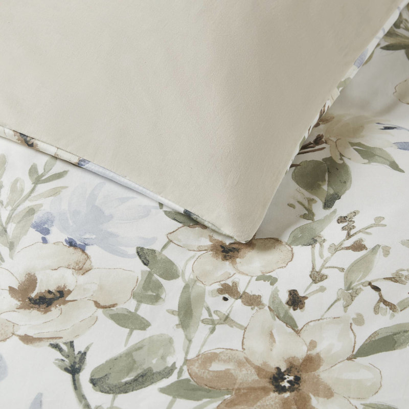 Édredon 6 pièces en coton avec imprimé floral sophistiqué, coton tissé 300tc, rembourrage doux en nuage 300 g / m², literie assortie, couvre-oreillers à bride et coussins décoratifs à motif naturel