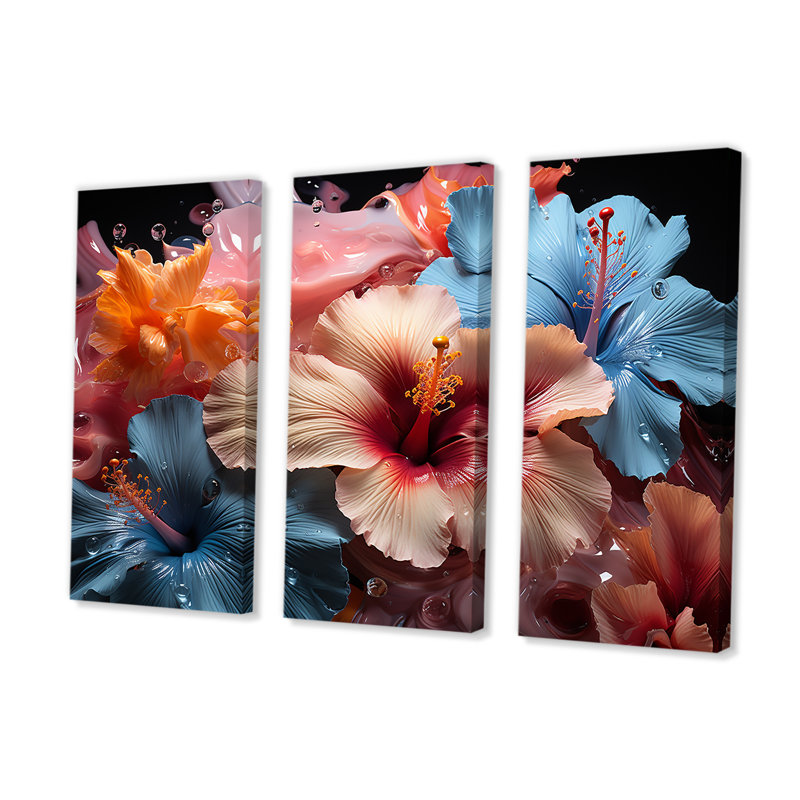 Hibiscus coloré moderne «I», ensemble d'art mural hibiscus, H 32 po x l 48 po x P 1 po